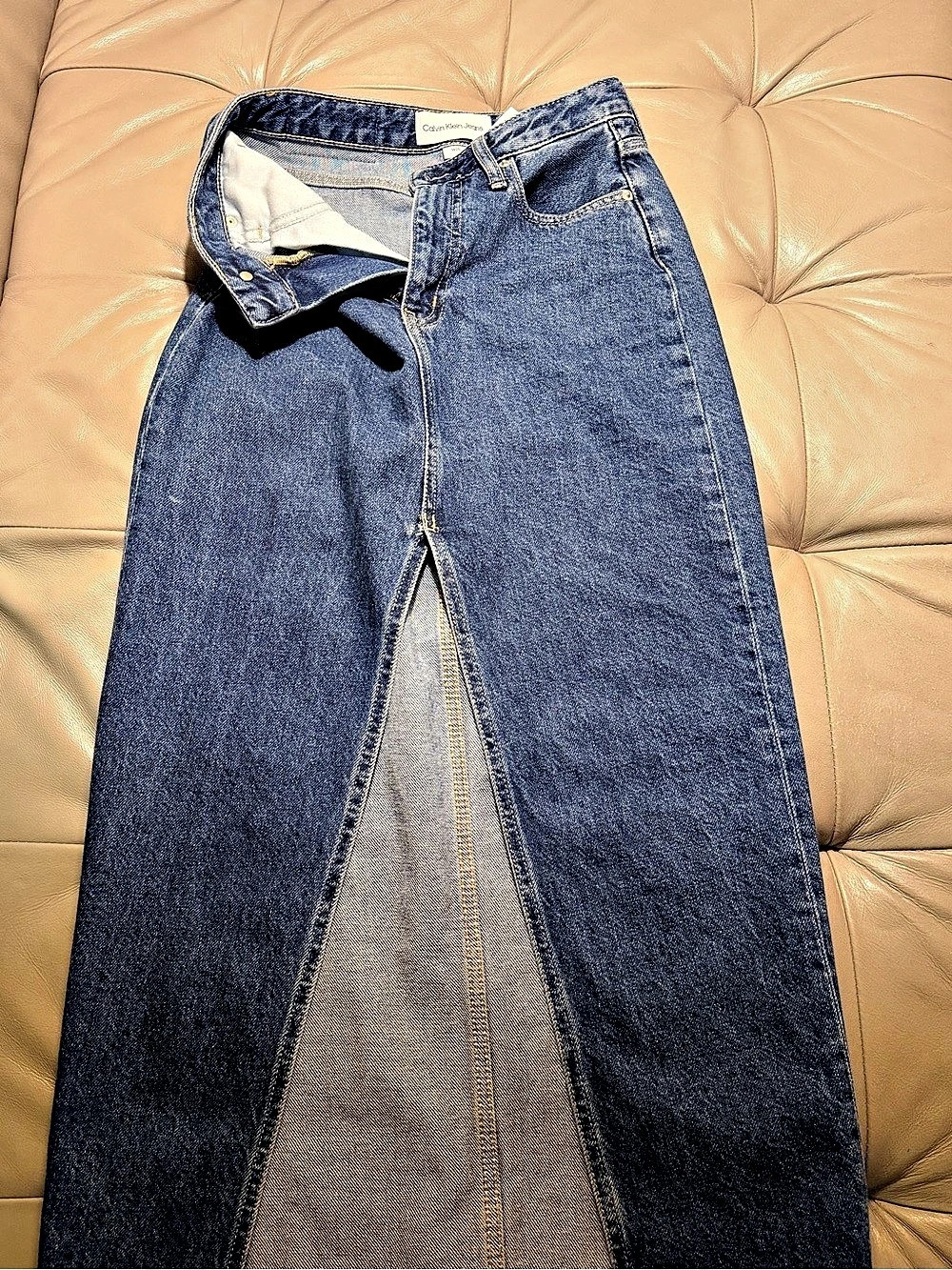 Calvin Klein Jeans Front Split Denim Maxi Skirt Straight Leg Jeans in Blue Waist